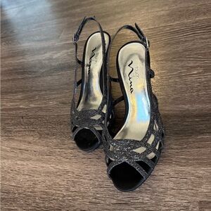 Nina Black Glitter Crisscross Slingback Peep-Toe Heels